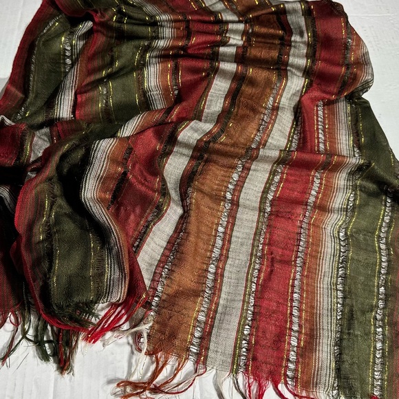 Earthy Color Striped Scarf w Gold Threads Long Rectangle Forest Punk Dark Fairy - Picture 2 of 6